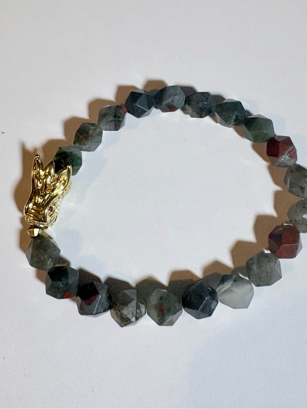 Bloodstone Green-Gray Bead Bracelet with Gold Dragon Charm